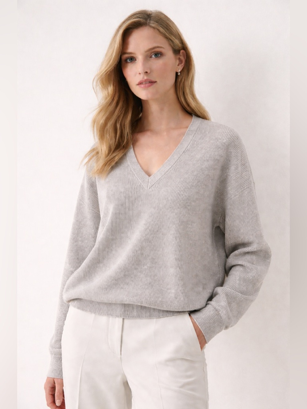 Brunello Cucinelli Light Gray V-Neck Ribbed Knit Sweater